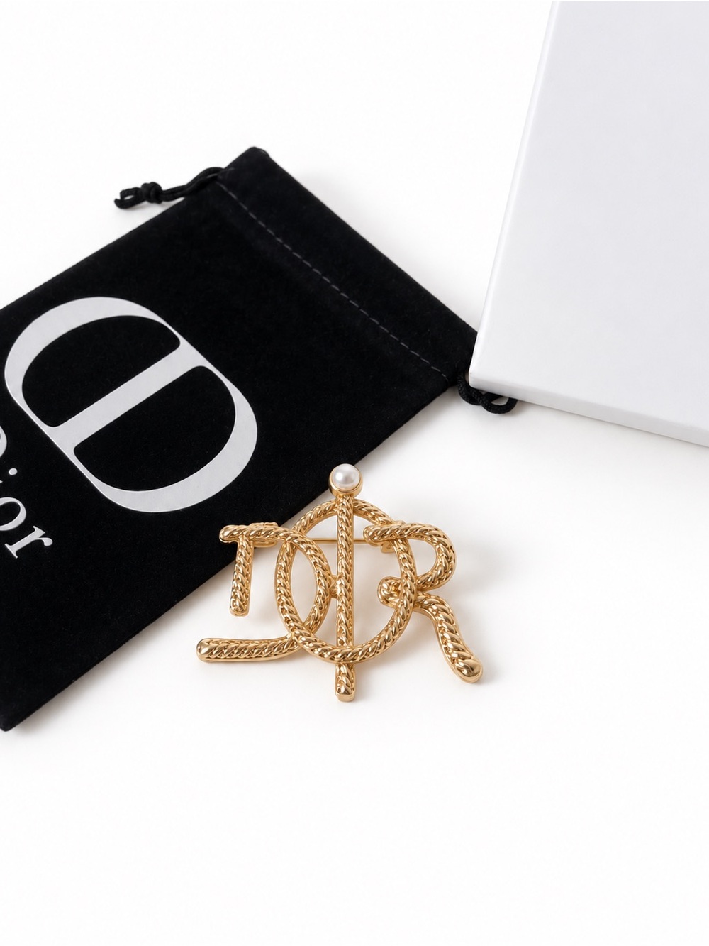 2 Piece Dior Gold Pearl & Crystal Logo Brooch Set - Picture 2 of 3